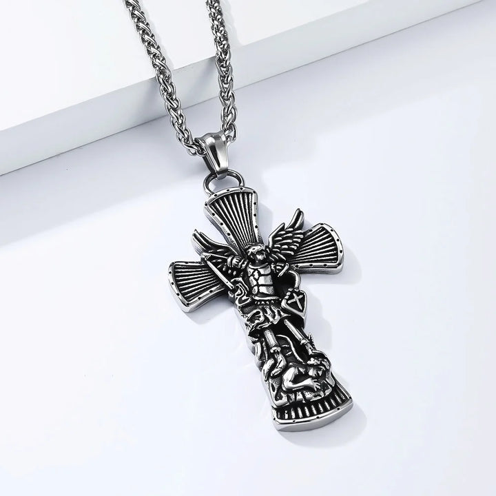 BlessingTree Archangel St. Michael Cross Necklace Vintage Stainless Steel Catholic Pendant