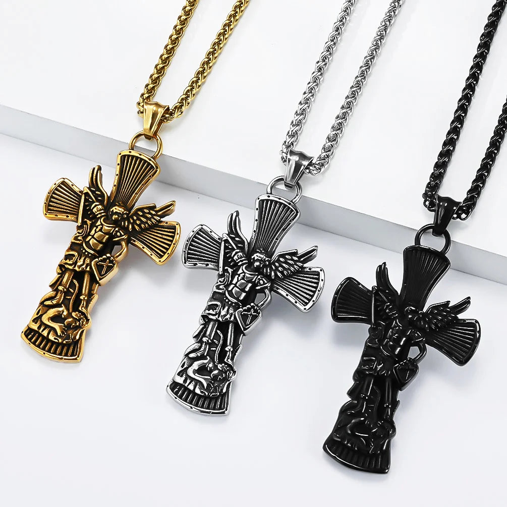 BlessingTree Archangel St. Michael Cross Necklace Vintage Stainless Steel Catholic Pendant