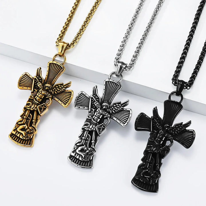BlessingTree Archangel St. Michael Cross Necklace Vintage Stainless Steel Catholic Pendant