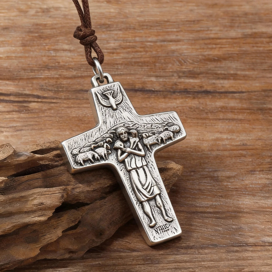 BlessingTree Good Shepherd Crucifix Necklace Pendant with Silver Tone Finish