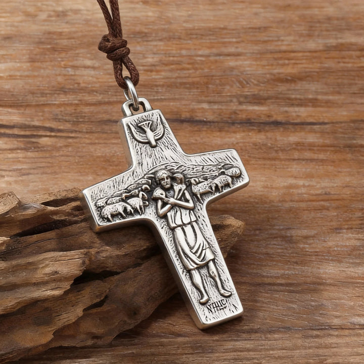 BlessingTree Good Shepherd Crucifix Necklace Pendant with Silver Tone Finish