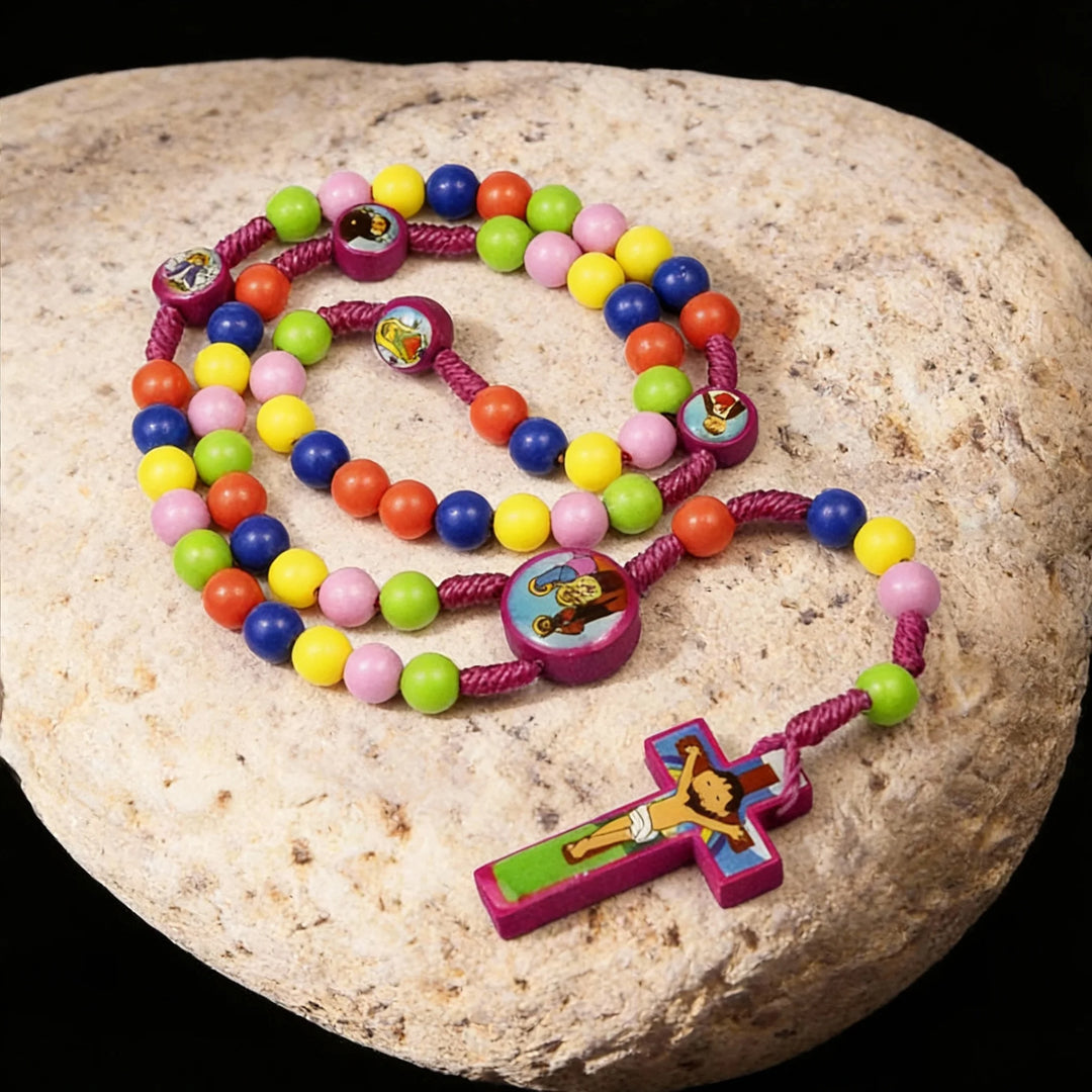 BlessingTree Kids Wooden Rosary, Colorful Wood Beads with Cross for Prayer, First Communion and Baptism Gift