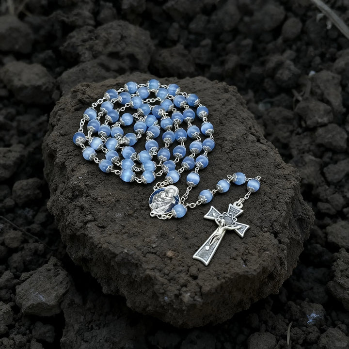 BlessingTree Madonna and Child Rosary, 8 mm Cat’s Eye Beads with Floral Caps, Chain Link Catholic Prayer Necklace with Crucifix