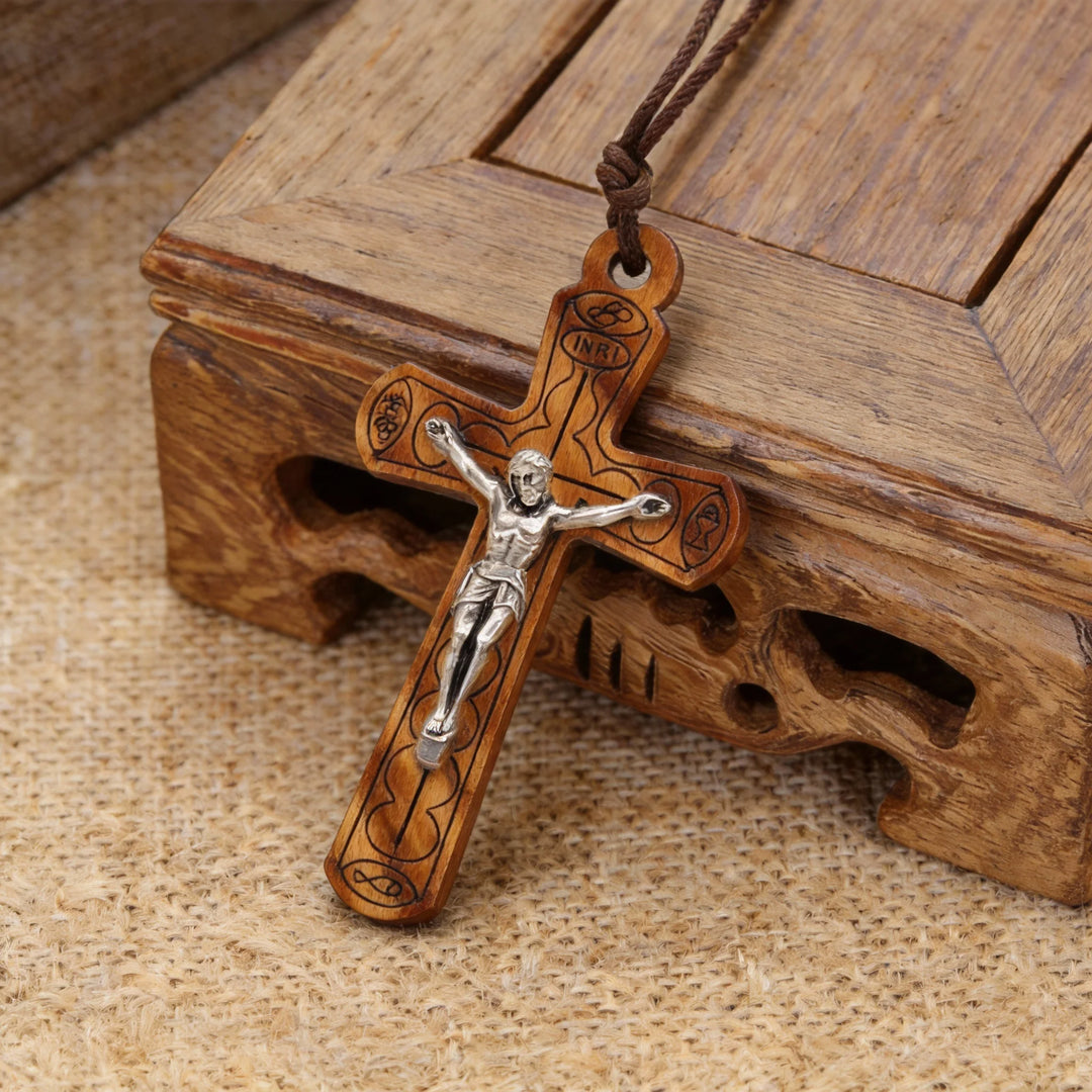 BlessingTree Olive Wood Crucifix Pendant Necklace with Jesus Corpus and INRI Inscription