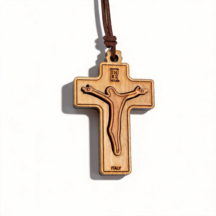 BlessingTree Olive Wood Double Layer Crucifix Necklace with INRI and Cord