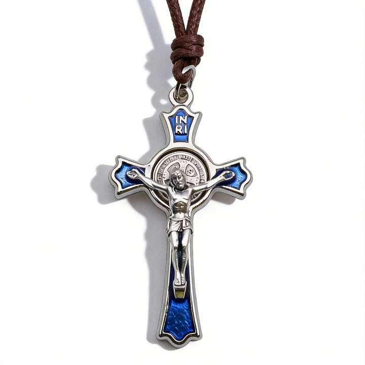BlessingTree Saint Benedict Crucifix Pendant with Blue Enamel and Brown Cord