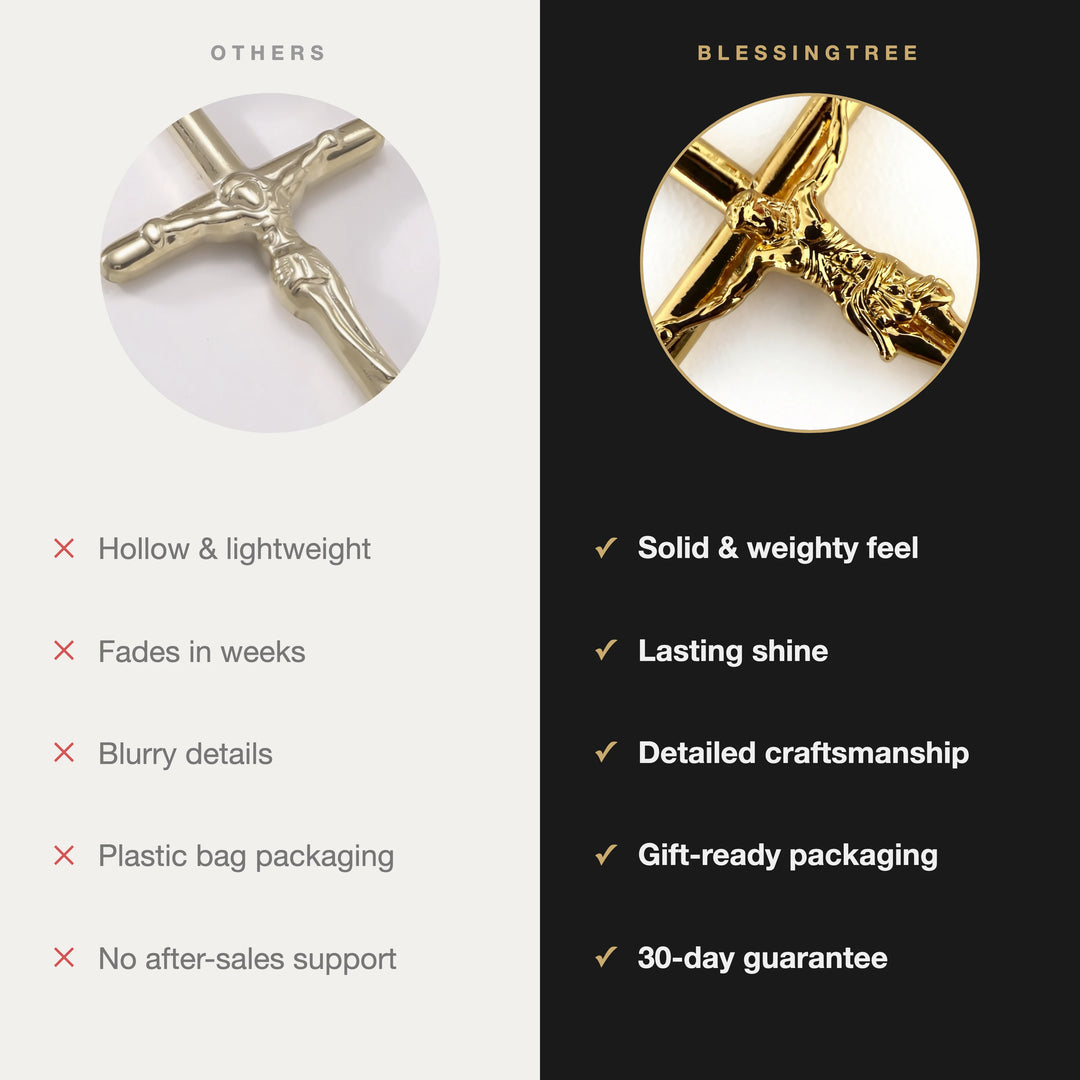 BlessingTree Gold Crucifix Pendant Necklace 18K Gold Plated Rope Chain Catholic Jesus Cross