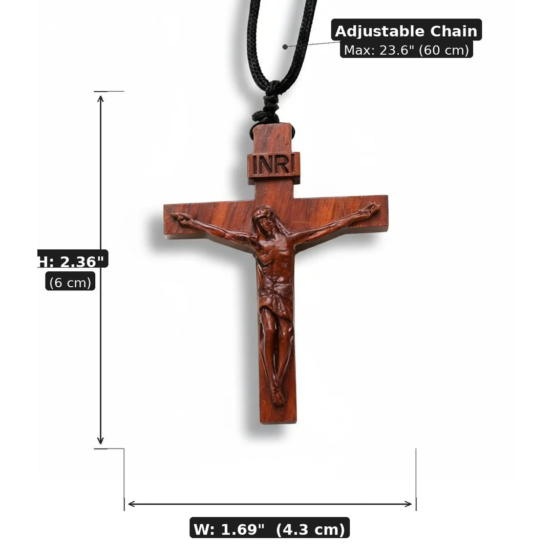 BlessingTree Natural Wood Crucifix Necklace, Hand-Carved Jesus Pendant with Adjustable Cord