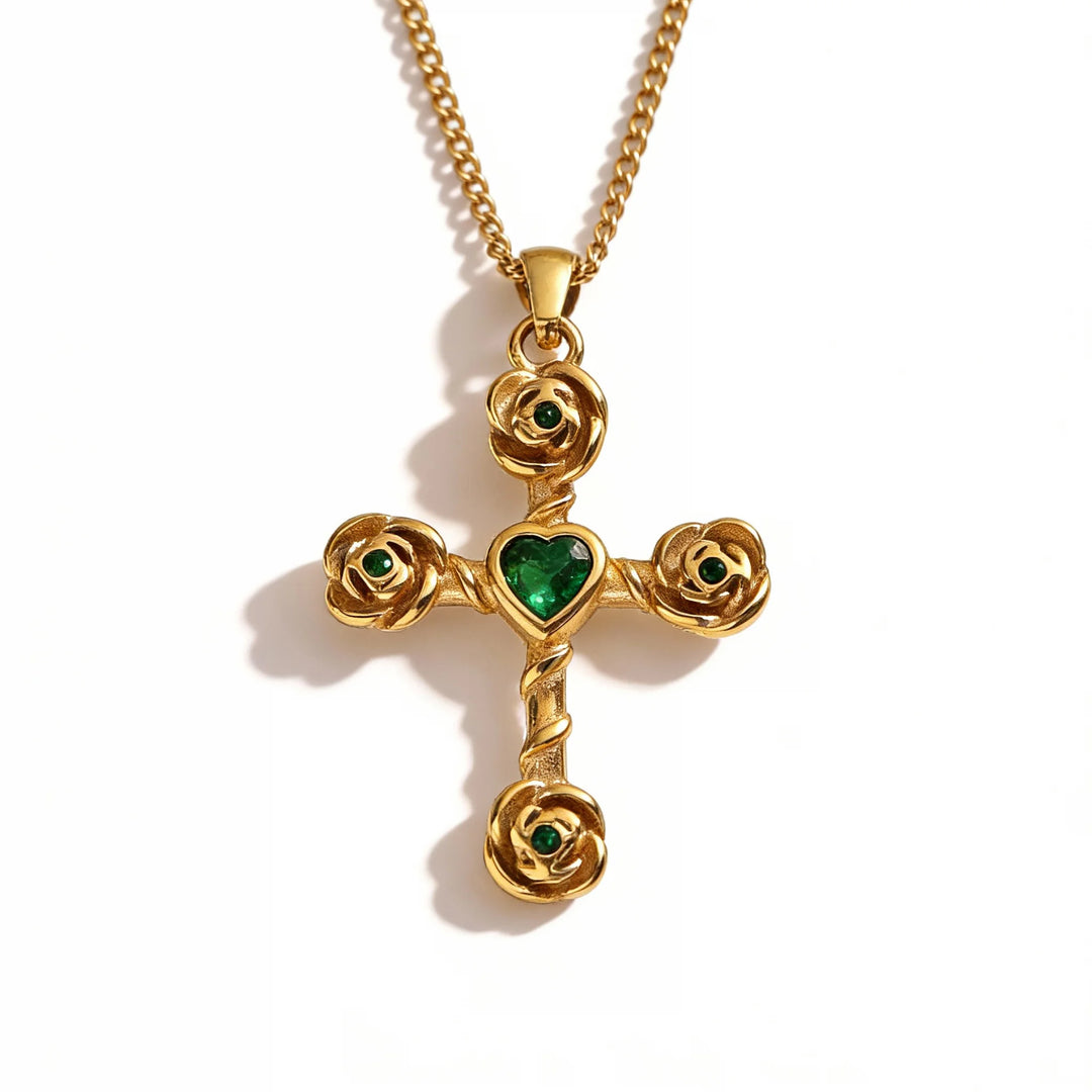 BlessingTree Gold Cross Necklace with Green or Red Heart Stone Christian Stainless Steel Pendant