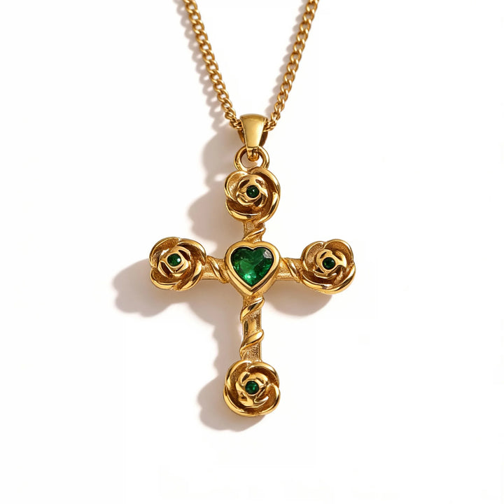BlessingTree Gold Cross Necklace with Green or Red Heart Stone Christian Stainless Steel Pendant