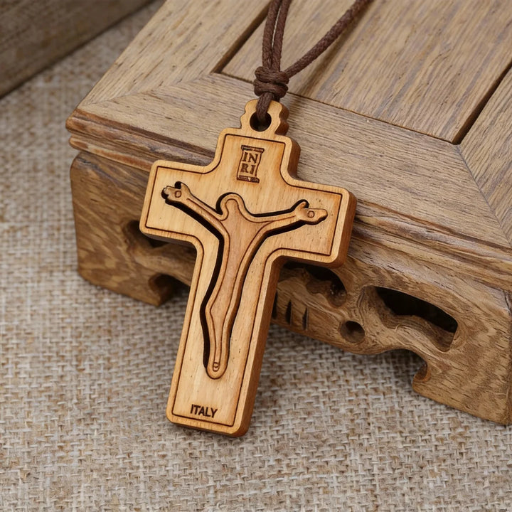 BlessingTree Olive Wood Double Layer Crucifix Necklace with INRI and Cord