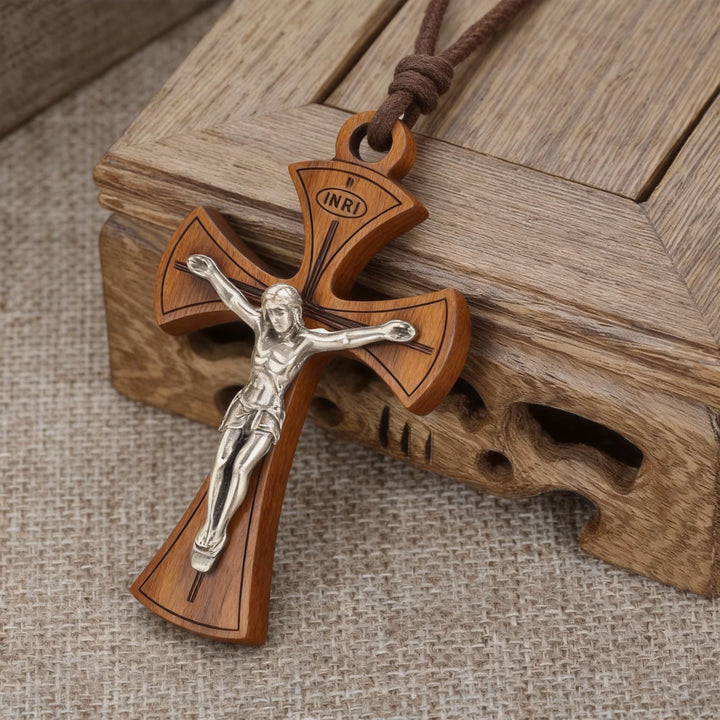 BlessingTree Olive Wood Crucifix Necklace with Corpus and Cord