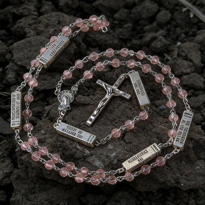 BlessingTree Light Rose Mysteries Rosary Necklace with Silver Crucifix