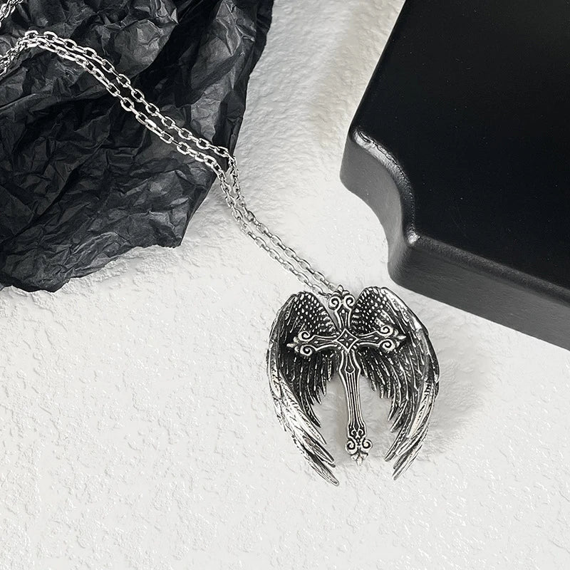 BlessingTree Silver Plated Winged Cross Pendant Necklace 20 Inch Christian Jewelry