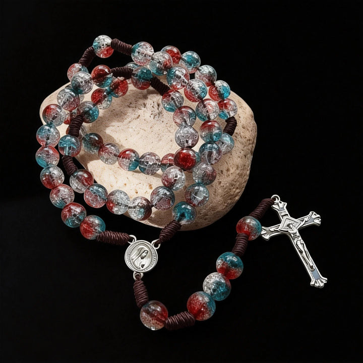 BlessingTree Colorful Crackle Bead Rosary, 10 mm Acrylic Beads with Hand Knotted Cord, Catholic Prayer Rosary