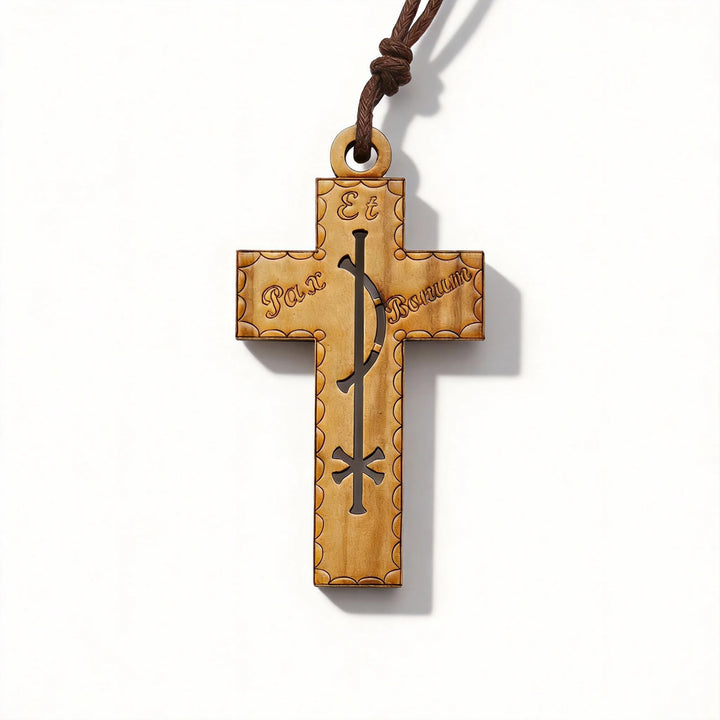 BlessingTree Olive Wood Peace Cross Pendant with Pax Et Bonum Engraving