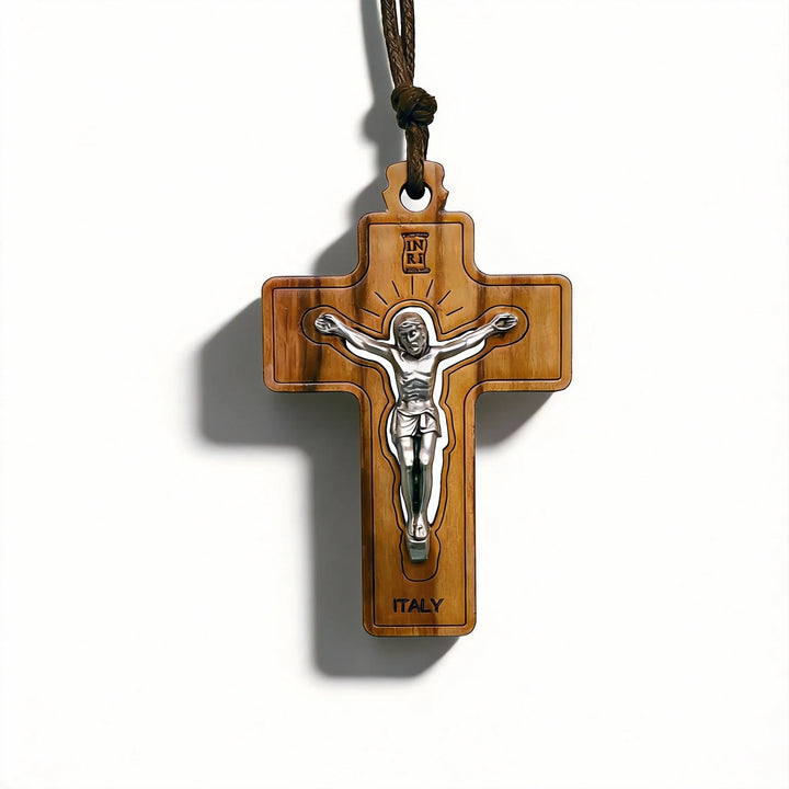 BlessingTree Olive Wood Crucifix with Silver Alloy Corpus and INRI