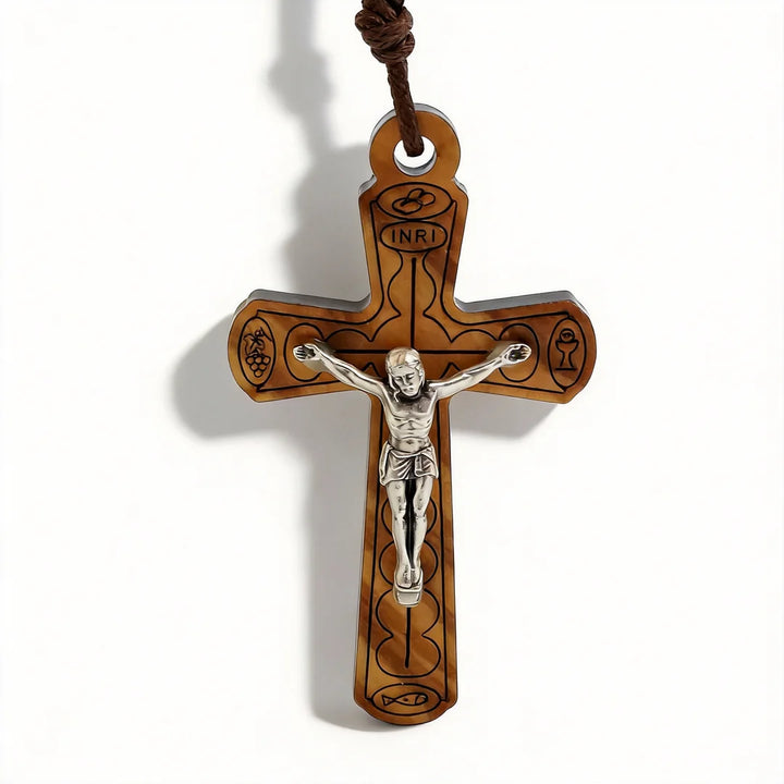 BlessingTree Olive Wood Crucifix Pendant Necklace with Jesus Corpus and INRI Inscription