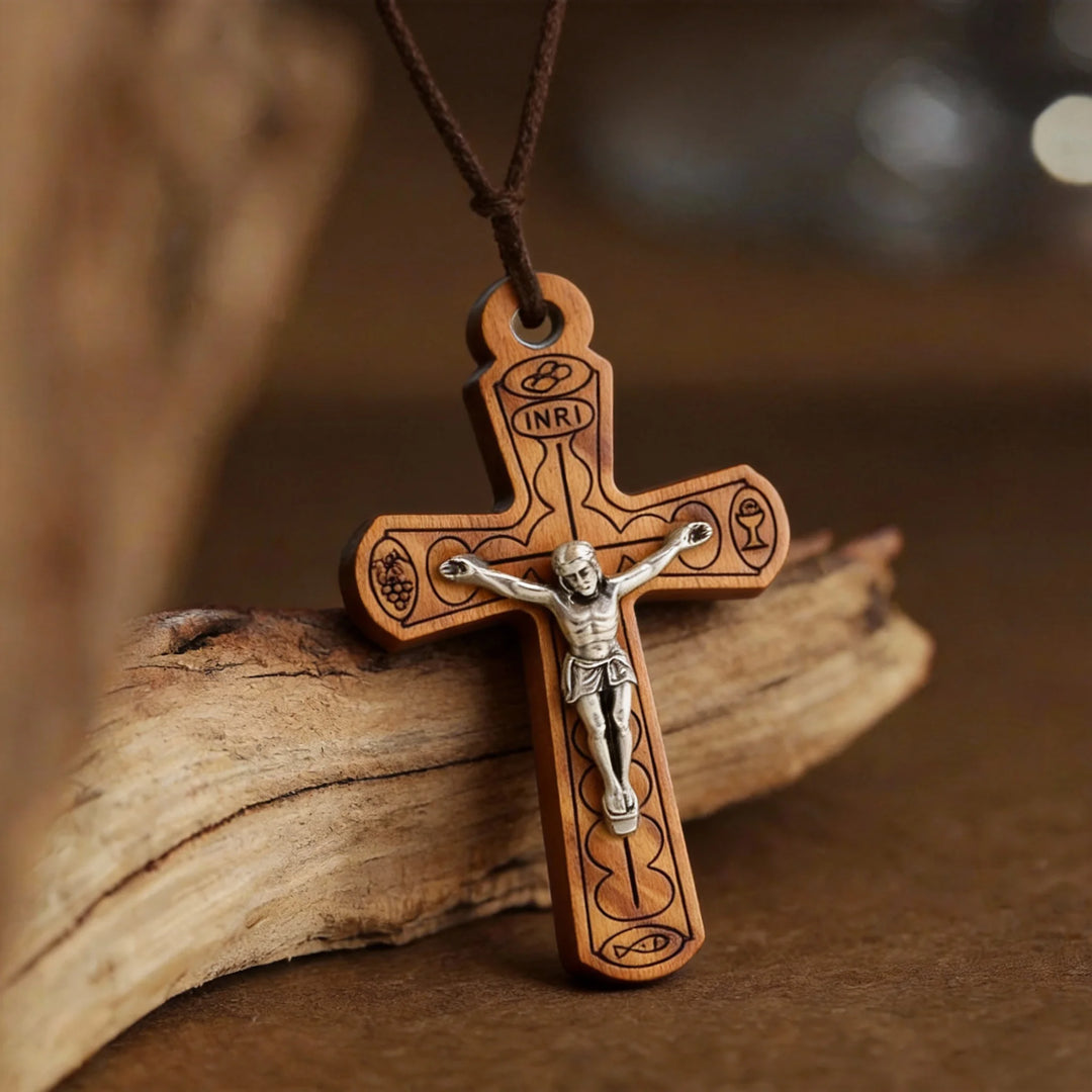 BlessingTree Olive Wood Crucifix Pendant Necklace with Jesus Corpus and INRI Inscription