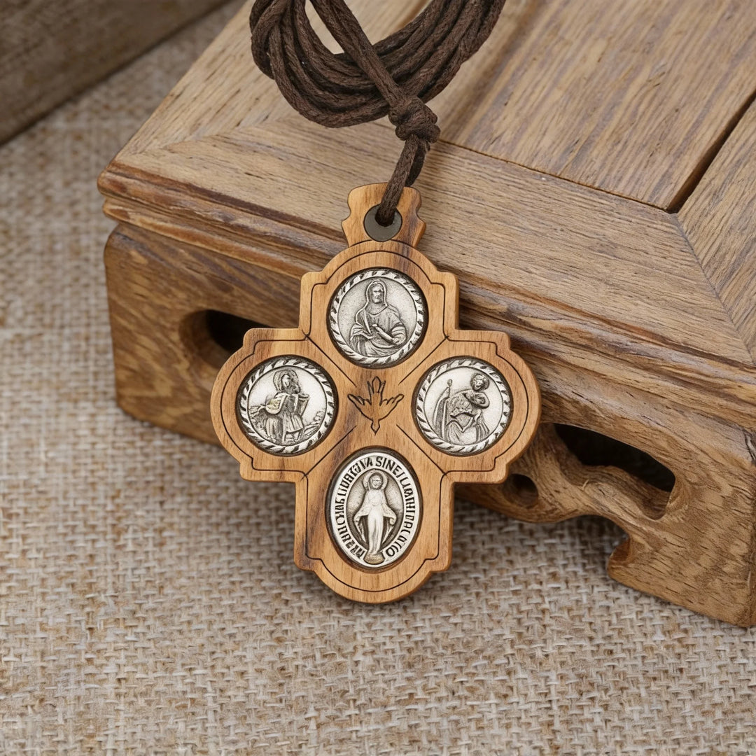 BlessingTree Four Medallion Olive Wood Crucifix Necklace with Virgin Mary - Scapular Devotion