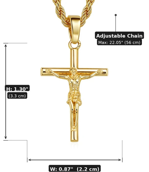 BlessingTree Gold Crucifix Pendant Necklace 18K Gold Plated Rope Chain Catholic Jesus Cross