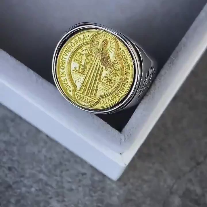 BlessingTree St. Benedict Medal Titanium Steel Ring with PAX Inscription