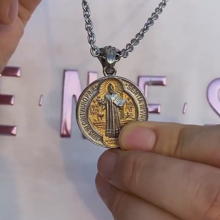 BlessingTree Saint Benedict Medal Pendant Necklace Vintage Stainless Steel